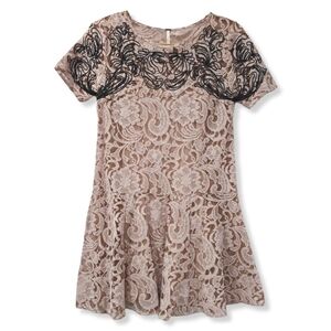 FREE PEOPLE Beautiful Dreamer Blush Black Embroidery Mini Lace Holiday Dress, XS